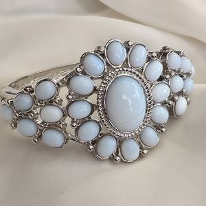 Opalite Silvertone Hinged Bangle